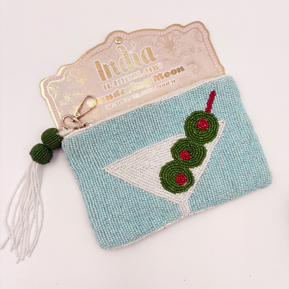Wandering Moon Beaded Martini Travel Pouch Handmade India Blue Green NWT